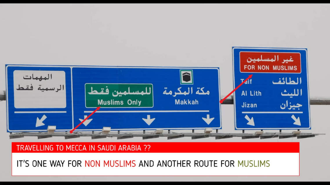 Saudi Arabia driving to Mecca, one way for muslims and another way for non-muslims