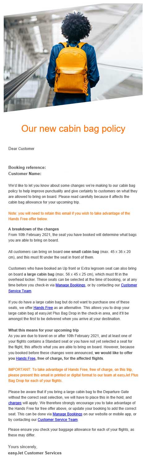 easyJet 2021 new cabin bag policy