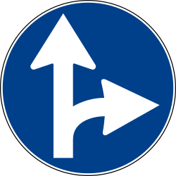Driving straight ahead or turning right mandatory - Road Sign