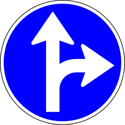 Driving straight ahead or turning right mandatory - Road Sign