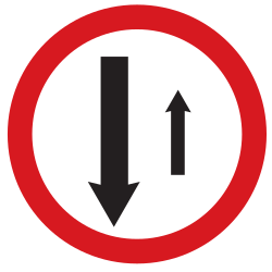 Give way to oncoming traffic, road narrows - Road Sign