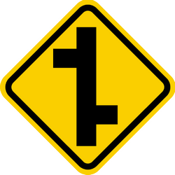 Warning for a crossroad where the roads are not opposite to each other - Road Sign