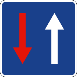 Priority over oncoming traffic, road narrows - Road Sign