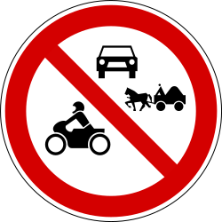 Motorcycles, cars and horse carts prohibited - Road Sign