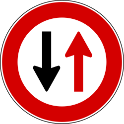 Give way to oncoming traffic, road narrows - Road Sign