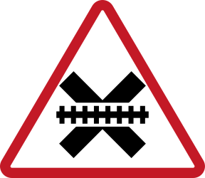 Rail crossing without barriers ahead - Road Sign