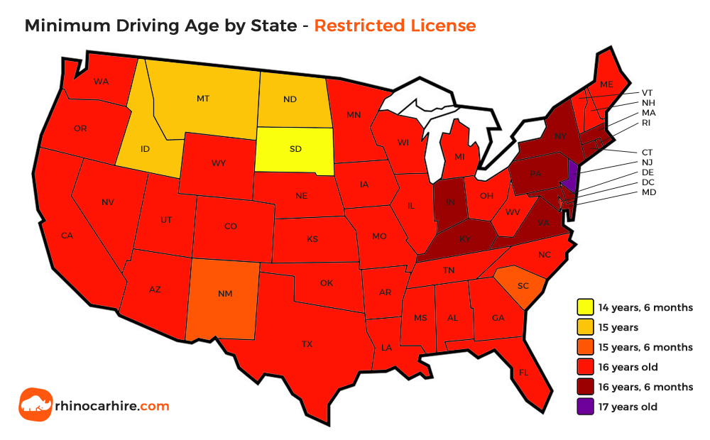 Minimum Driving Age by State - US Driving Age - Rhinocarhire.com